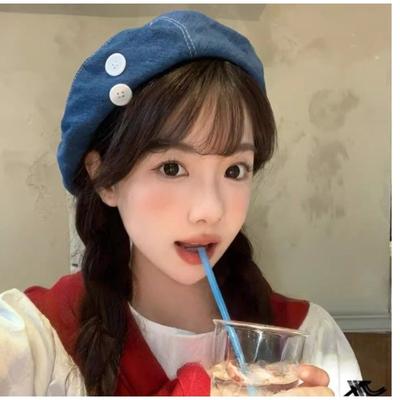 Cowboy Beret Women's Korean Style All Match Button Bud Painter's Hat Big Head Circumference Hat Showing Face and Trendy