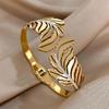 Exquisit Inlaid Rhinestone Feather Leaves Cuff Bracelets Fashion Gold Plated Stainless Steel Smooth Bangles Waterproof Jewelry