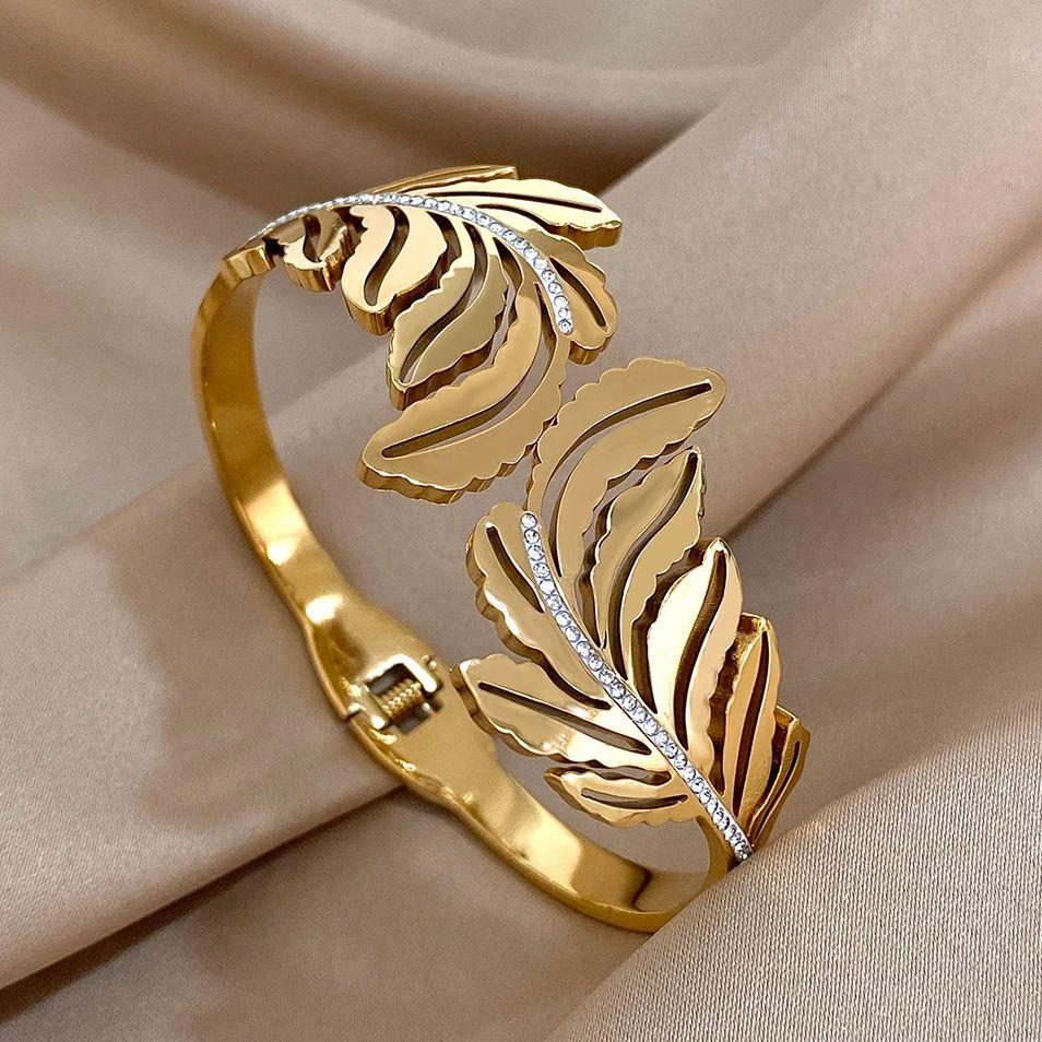 Exquisit Inlaid Rhinestone Feather Leaves Cuff Bracelets Fashion Gold Plated Stainless Steel Smooth Bangles Waterproof Jewelry