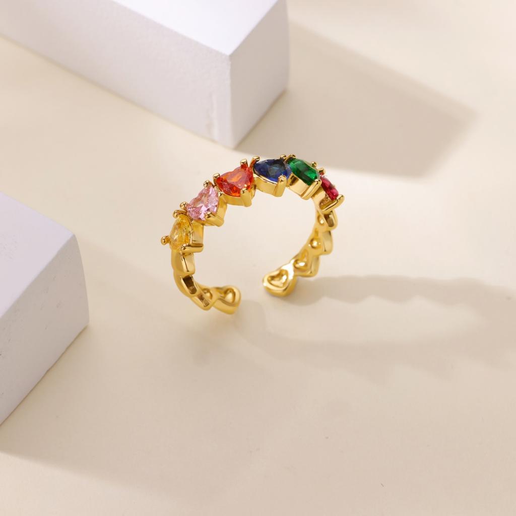 Colored Crystal Zircon Heart Rings For Women Girls  Opening Gold Color Heart Ring Party Wedding Jewelry Gift Bijoux Femmes