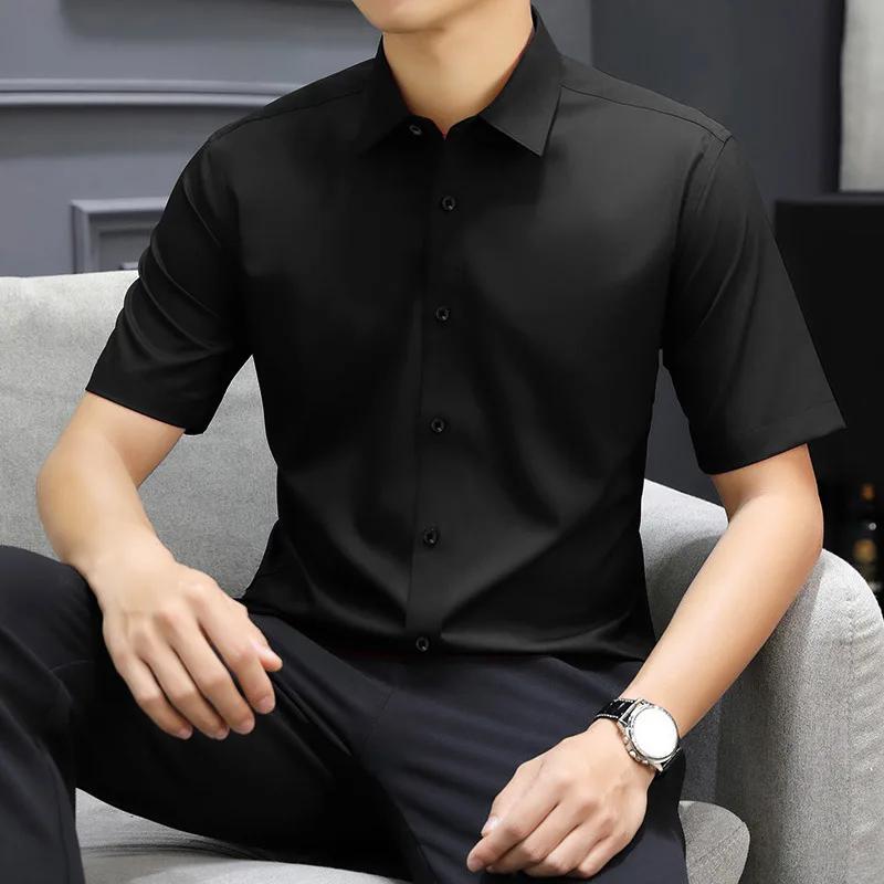 New Men's Business Casual Solid Color Short Sleeved Shirt for Summer Fashion No Ironing Comfortable and Versatile Top