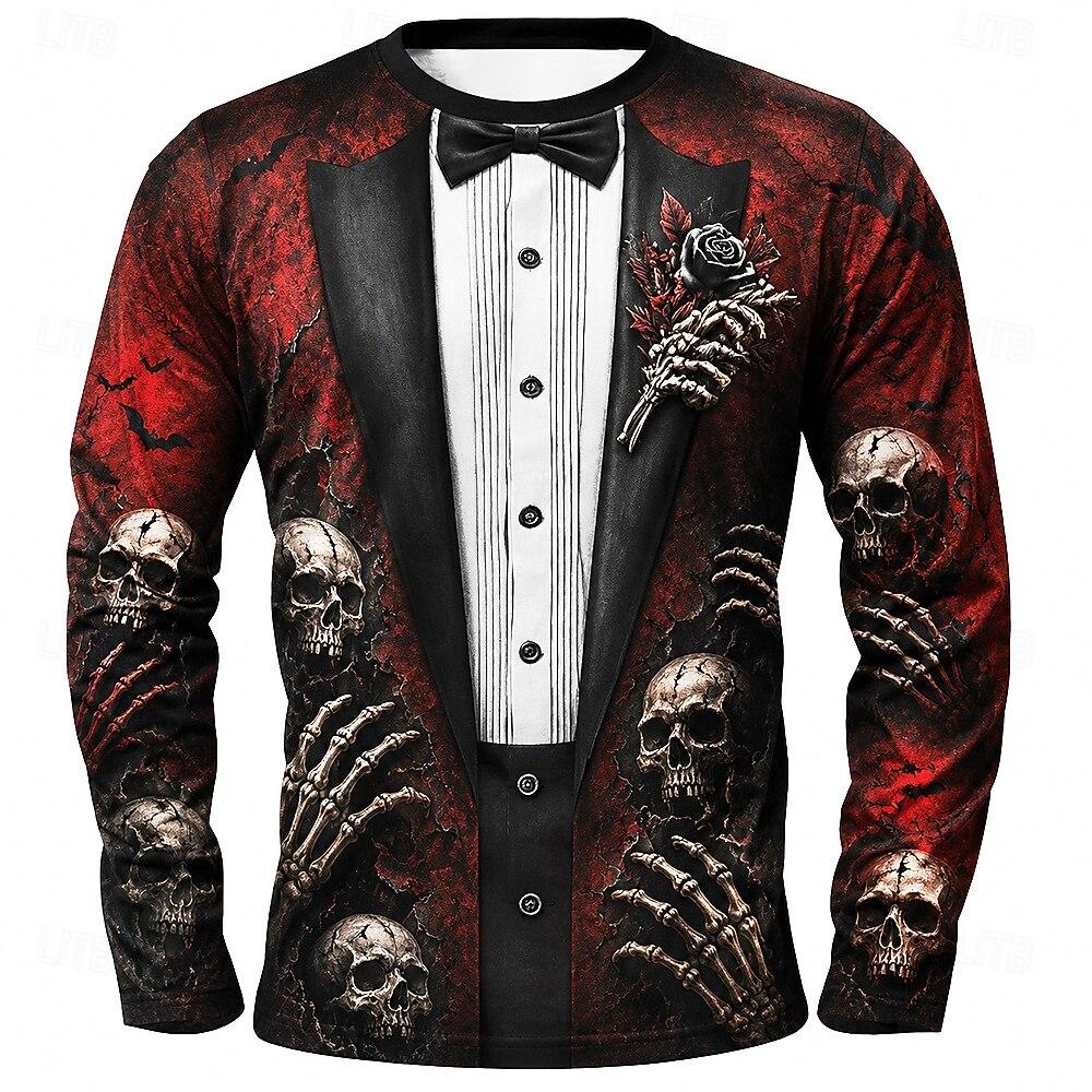 2026 Halloween Mannen Schedel Skelet T-shirt Lange Mouwen T-shirt 3D Print Ronde Hals Shirt Mode