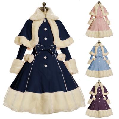 Women Fashion Long Sleeve Fur Coats Vintage Gothic Victorian Sweet Bow Lolita Dress Autumn Winter Warm Lapel Dresses Coat Fantasy Cosplay Costume