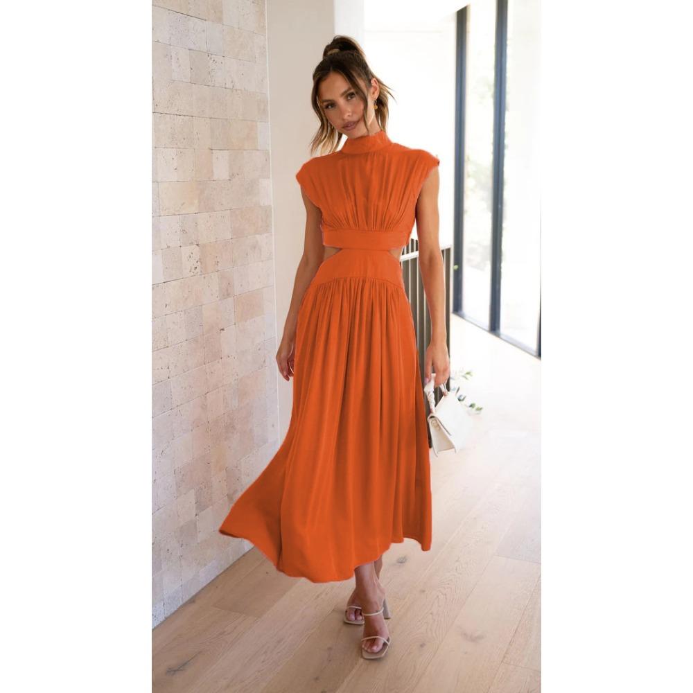 Women's High Neck Sleeveless Midi Dress Loose Cutout Waist Pleated Elegant Casual Solid Color Party Dress