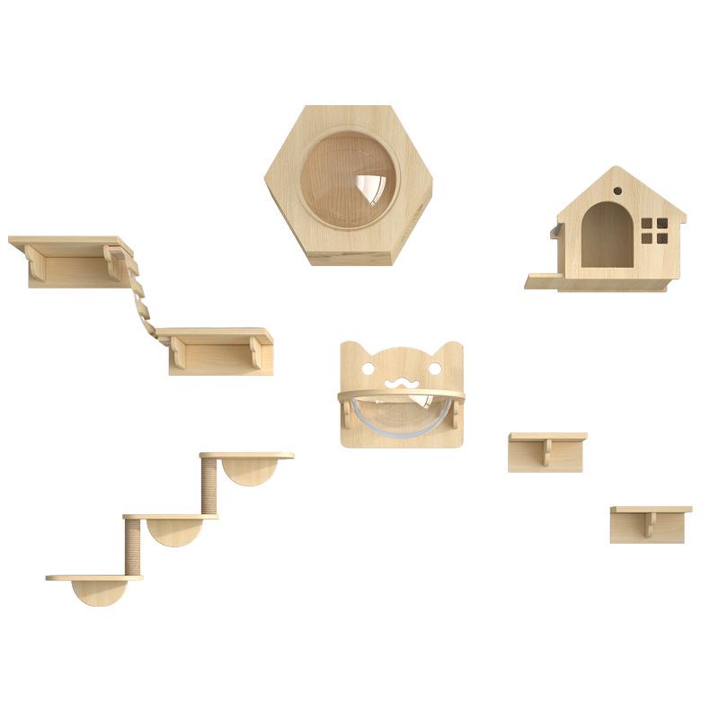 Wall-Mounted Solid Wood Cat Tree with Scratching Board and Jumping Platform