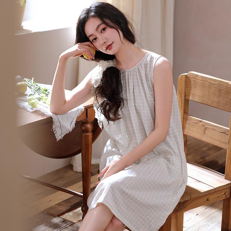 Summer pure cotton sleeveless nightdress women's Japanese plaid loose medium and long casual large size summer can wear home skirt