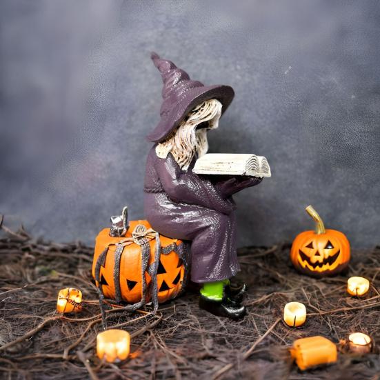 Reading Witch Figurine Halloween Shelf Sitter Witch Statue Resin Gothic