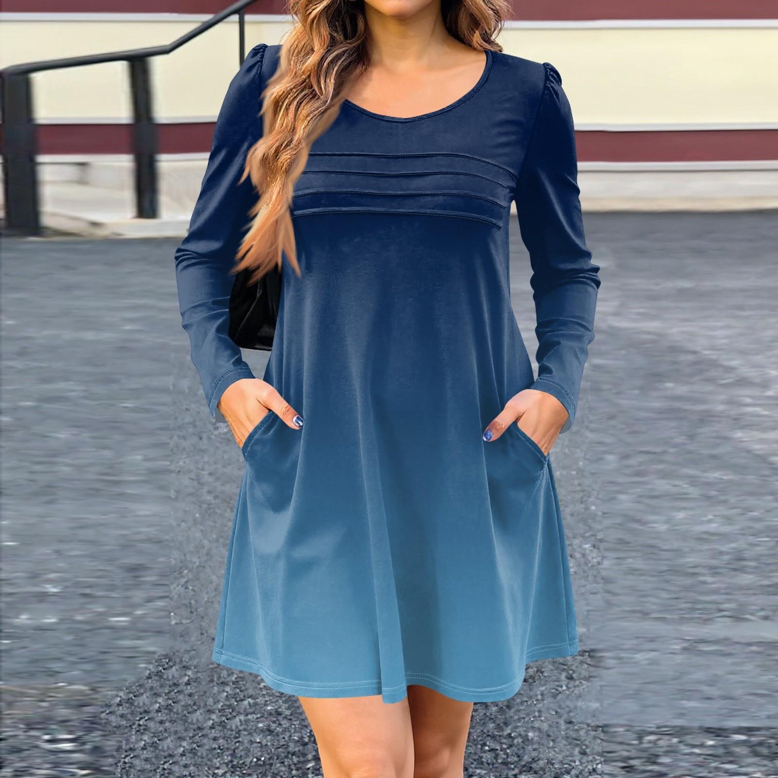 

Женское платье с длинным рукавом, осеннее повседневное, футболка, свободного кроя, с плиссировкой спереди, платья с карманами XXL тёмно-синий