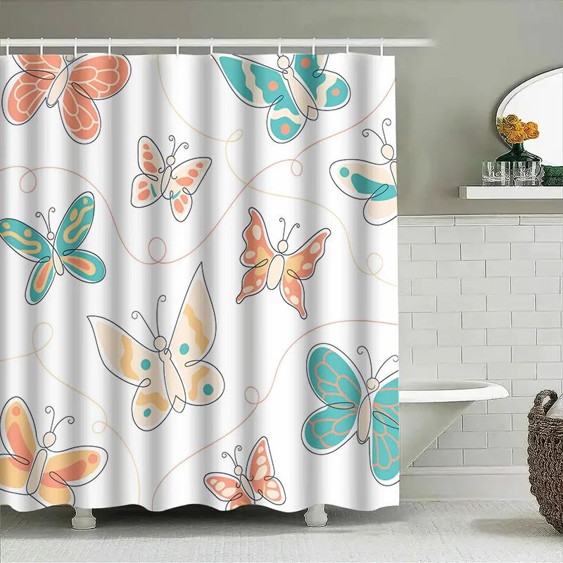 Decorative Shower Curtain Featuring Butterflies Flowers Waterproof Fabric For Bathroom Decorations