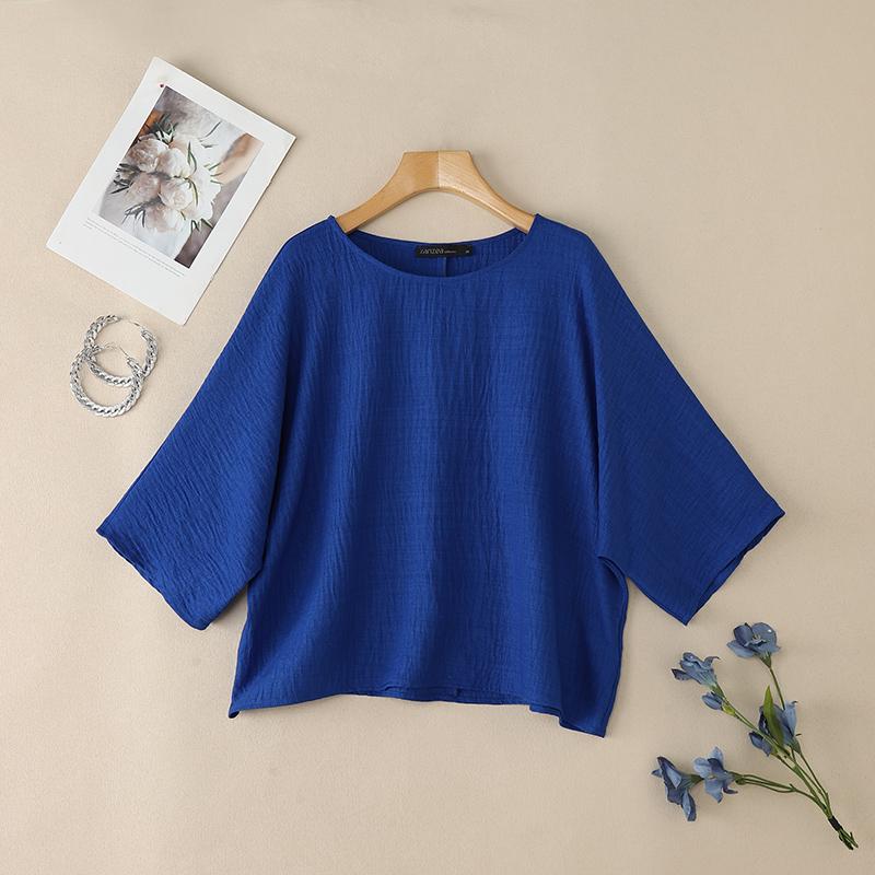 ZANZEA Women Summer Round Neck Solid Color Loose 3/4 Sleeve Blouse