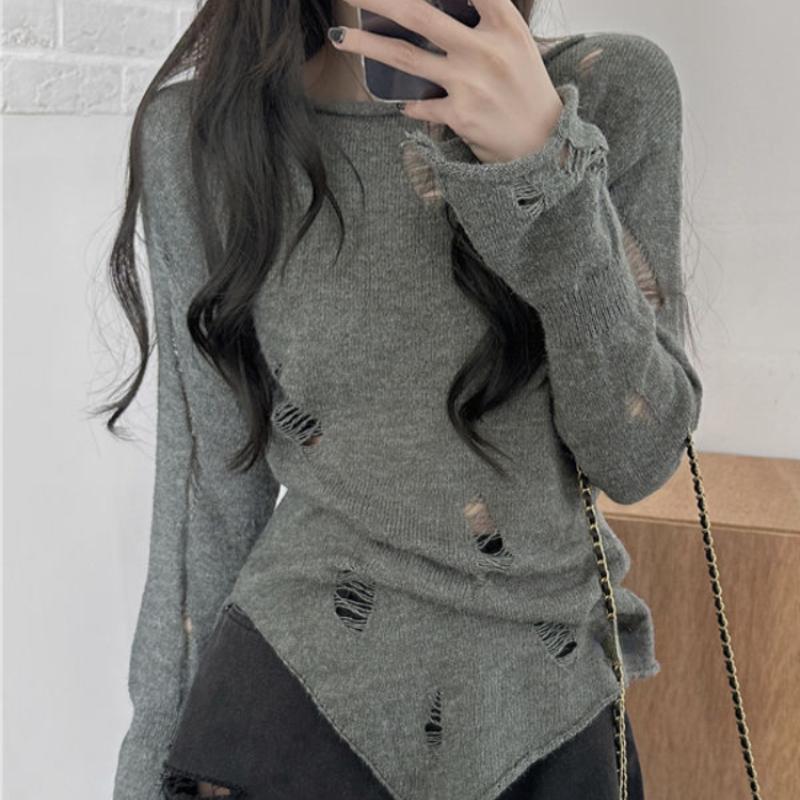 

2024 весенний вязаный свитер, женский милый Y2k, эстетические джемперы, японские элегантные повседневные пуловеры с разрезом, укороченные топы Y2k, зимние S серый