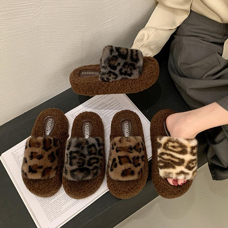 Leopard print fluffy slippers women's 2025 new autumn and winter cute household indoor non-slip and non-smelly foot cotton slippers women