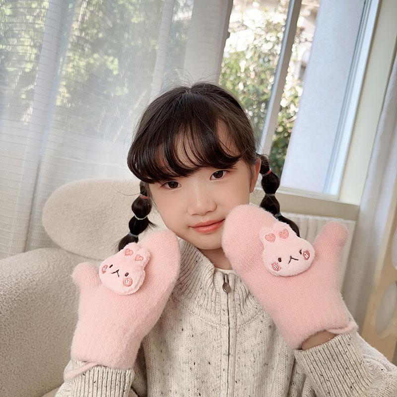 Neue Herbst- und Winter-Fingerhandschuhe für Kinder, Koreanische Version, Cartoon-Babyhandschuhe, Verdickt und Samt, Warm, Mit Nackenband, Fäustlinge