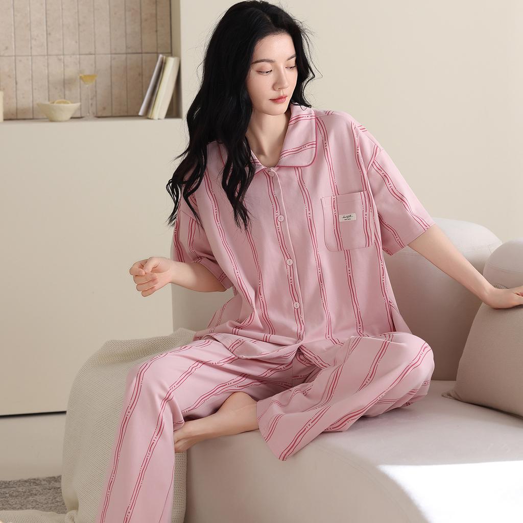 Pure Cotton Pajamas Women's Spring Summer 1011 New Thin Short-sleeved Trousers Striped Cute Cartoon Can Be Worn Outside Loungewear