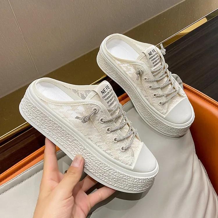 Summer Closed Toe Half Slippers for Women Wear Mesh Heel-Free Lazy Canvas Shoes Casual Sandals