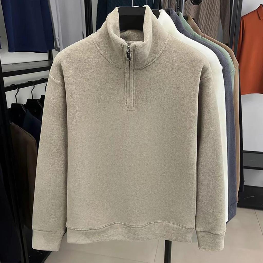 Herren Uni-Farbe Stehkragen Fleece Hoodie, Herbst/Winter 2025 Warm Langarm Halbreißverschluss Oberteil