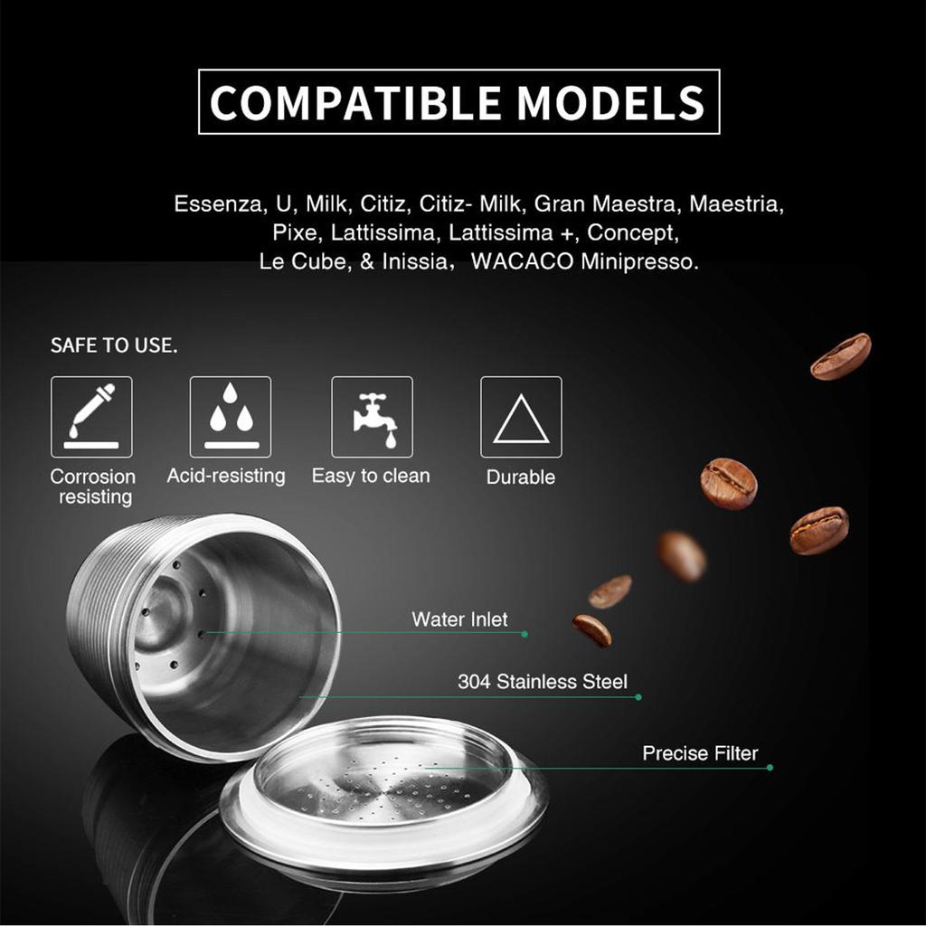 Compatible With Nespresso Stainless Steel Coffee Capsule Reusable Refillable Coffee Capsule Cup Filter with Brush Spoon