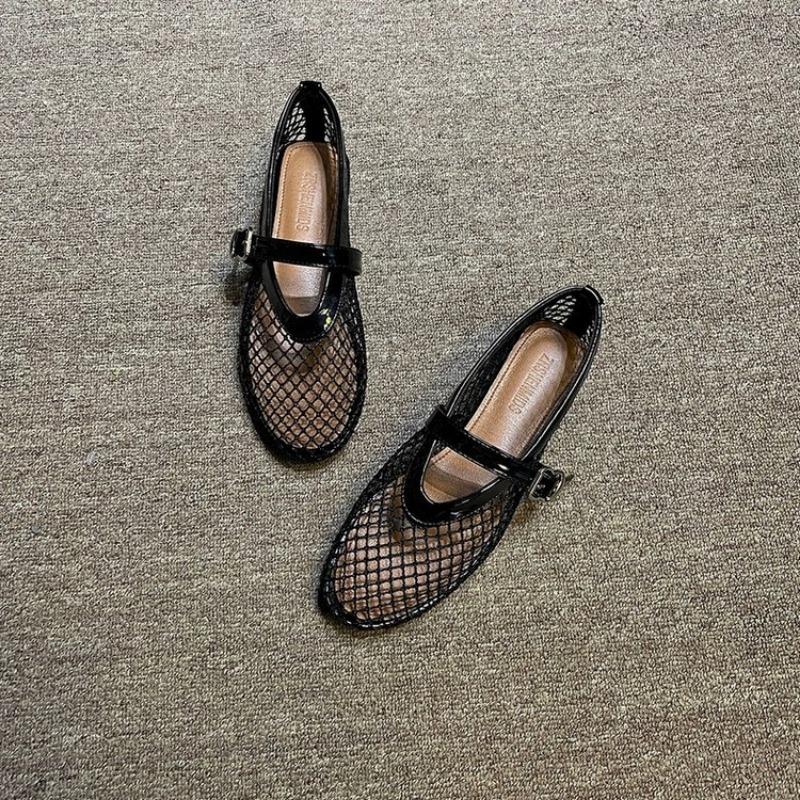 New Round Headed Mesh Hollowed Out Women's Shoes with One Button Mary Jane Ballet Flat Shoes Fishing Net Shoes
