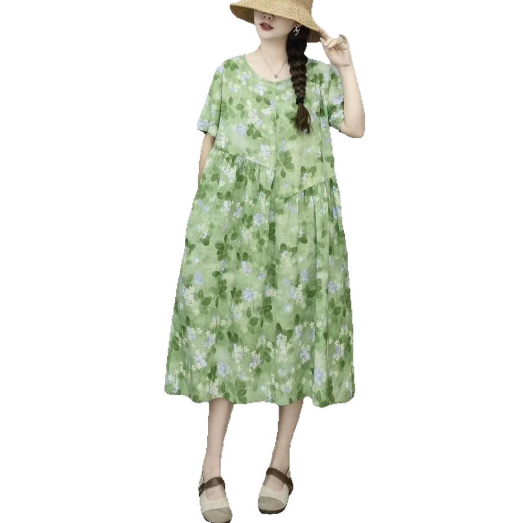 New Mori Female Pastoral Summer New Literary Large Size Fat MM Fattened Plus Printed Short-sleeved Dress