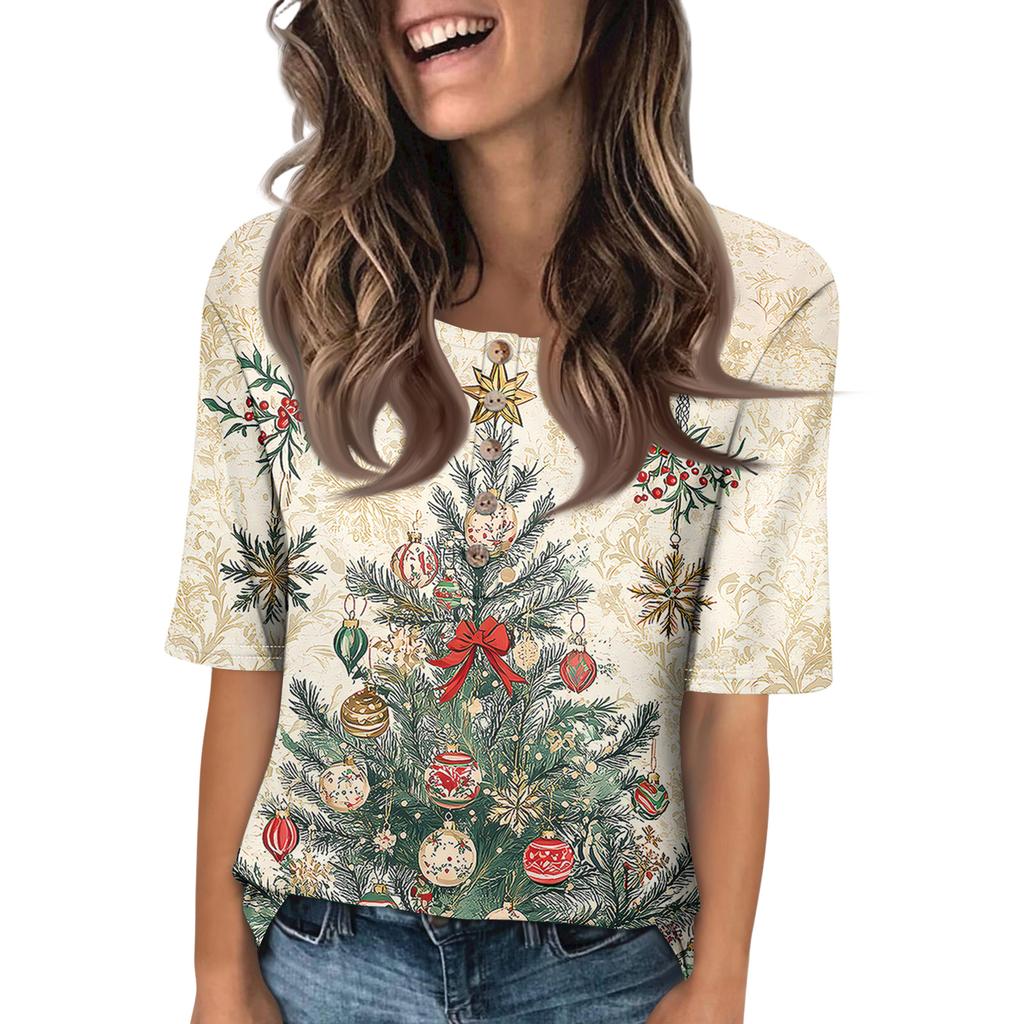 Trendige Damen-T-Shirts mit Rundhalsausschnitt und Knopfleiste, bedruckte Bluse, Halbarm-Oberteile für Damen