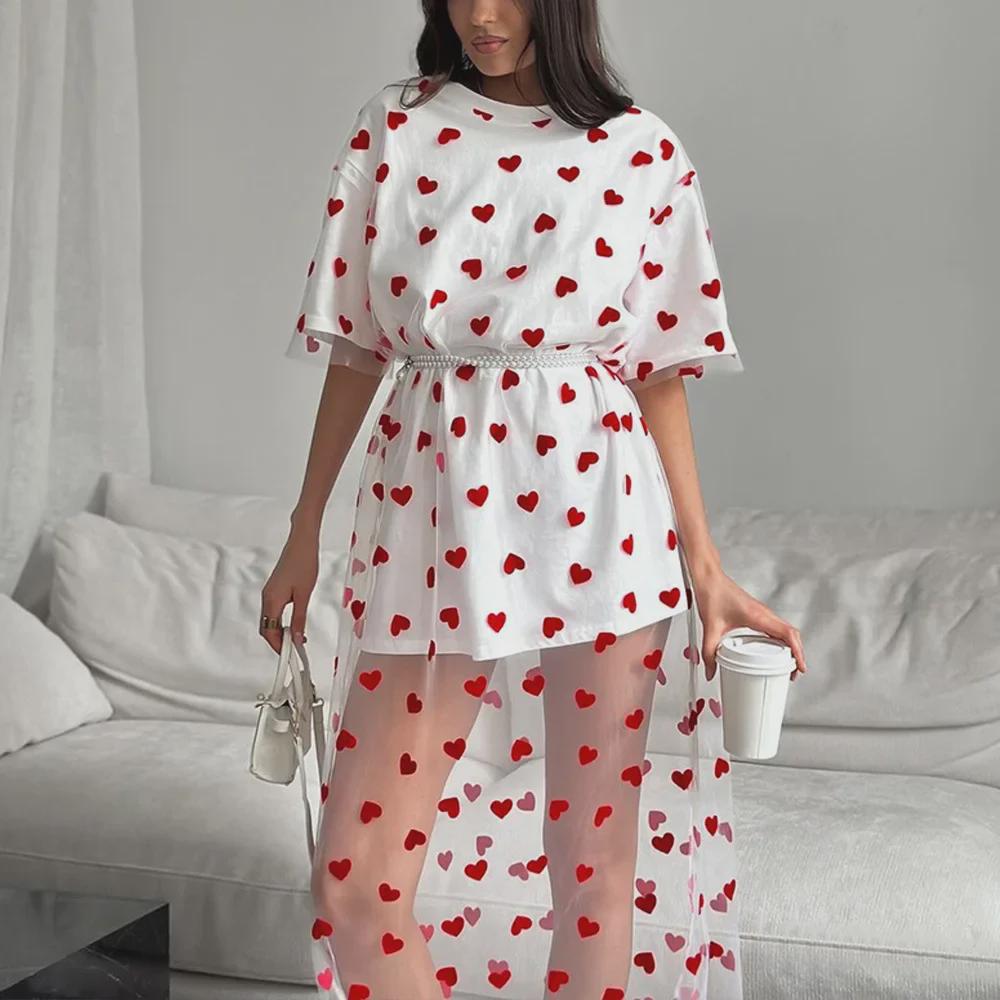 2024 Summer Women's Sexy Mesh Color-Block Loose Two-Piece T-Shirt Dress