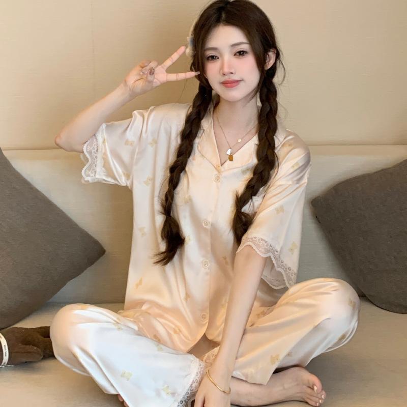 Ice Silk Pajamas Female Cute Wind Bear Summer High-End Cartoon Short-Sleeved Trousers Loungewear