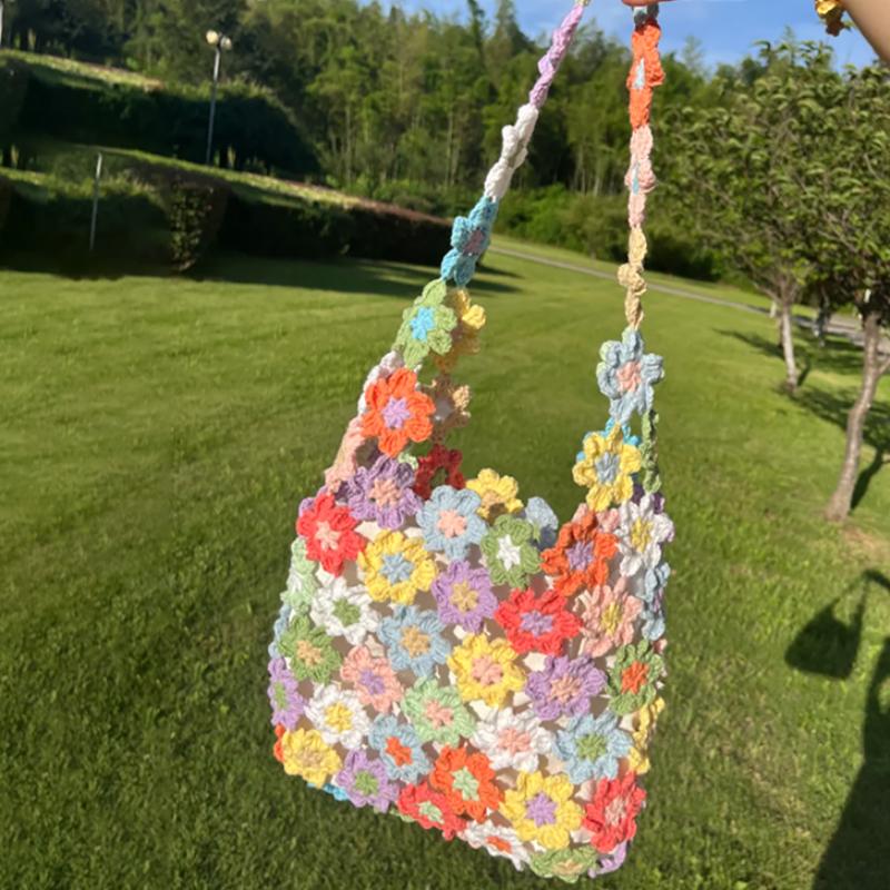 Handmade Crochet Shoulder Bag For Women Colorful Flower Patchwork Hollow Out Knitted Tote Bag Boho Style Casual Travel Handbag