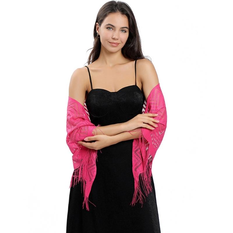Women's Triangle Lace Shawl with Tassels Waved Shoulder Wrap Shawl Scarf for Bridal Gowns and Evening Parties