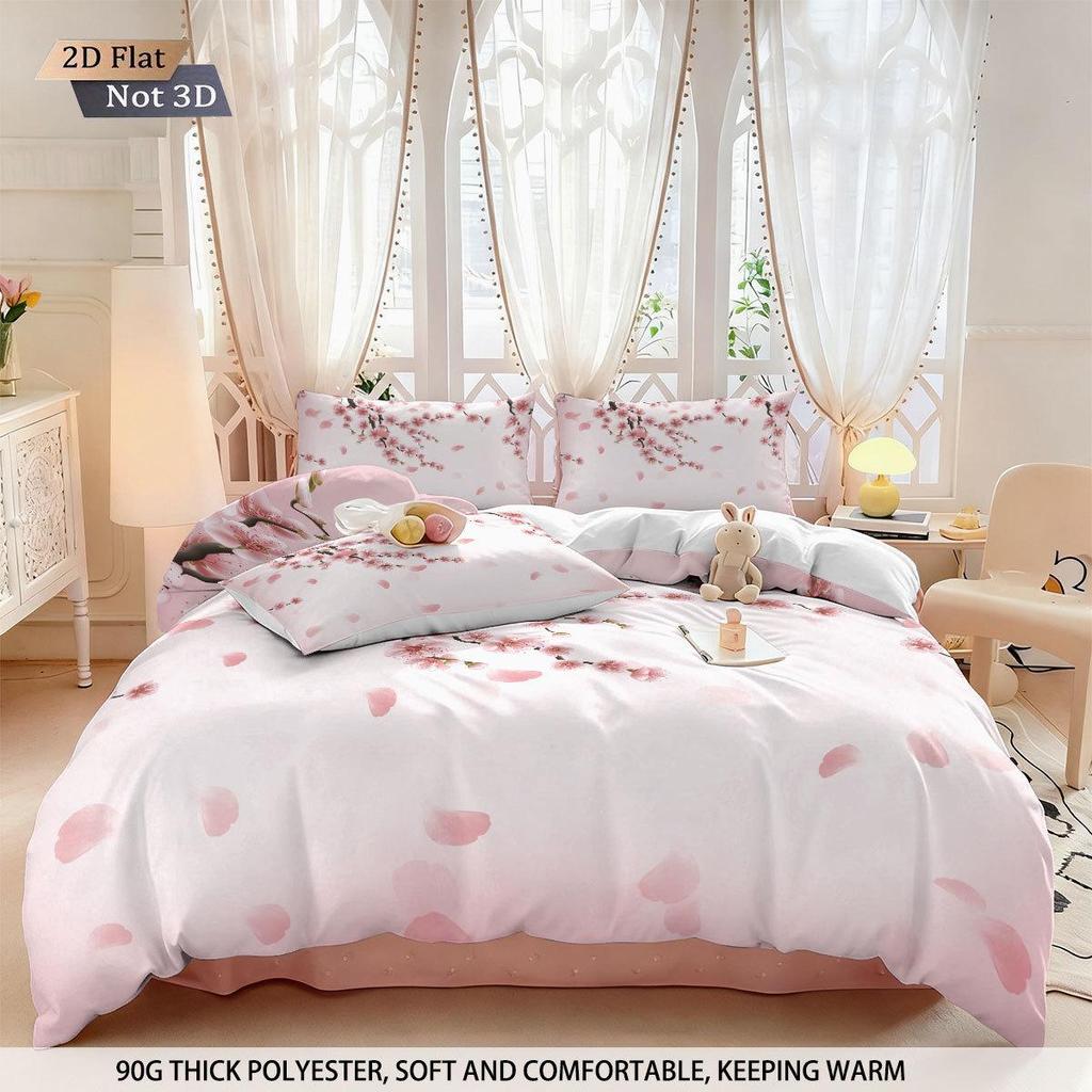 Three-Piece Pink Plum Blossom Brushed Duvet Cover Bedding Set - Custom Patterns Available