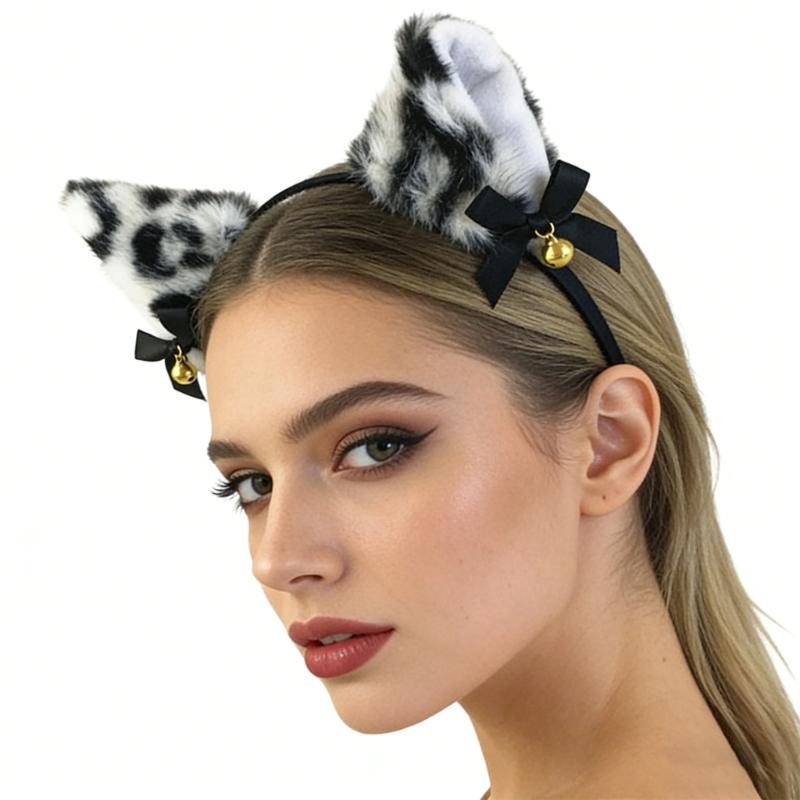 Soft Furry Leopard Print Cats Ear Headband With Attached Bells For Cosplay Halloween And Dance Parties