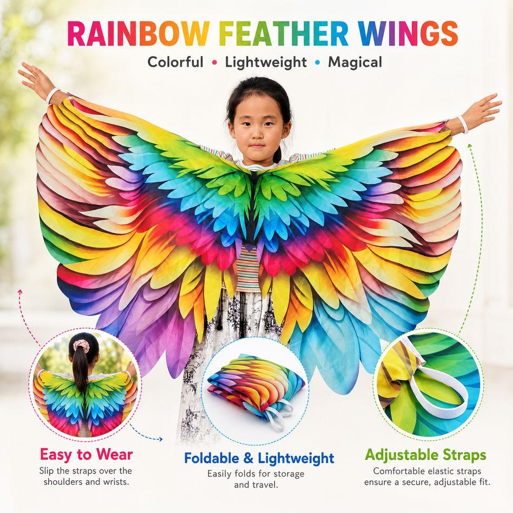 Bird Feather Print Rainbow Wing Cape Polyester Dress Up Wings New Costume Cape  Kids Dress Up
