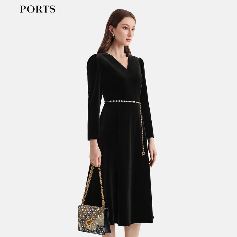 PORTS Women's Black Waist Chain Decor Dress