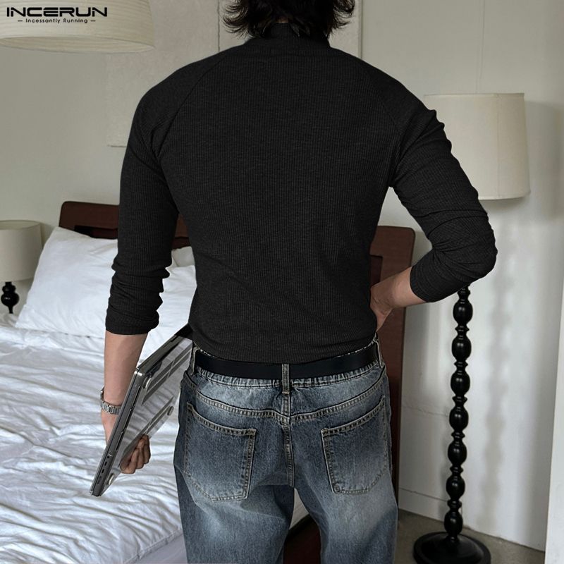 INCERUN Spring Men's Zip-up High Neck Long Sleeve Rib Fitted T-shirts Tops Undershirts