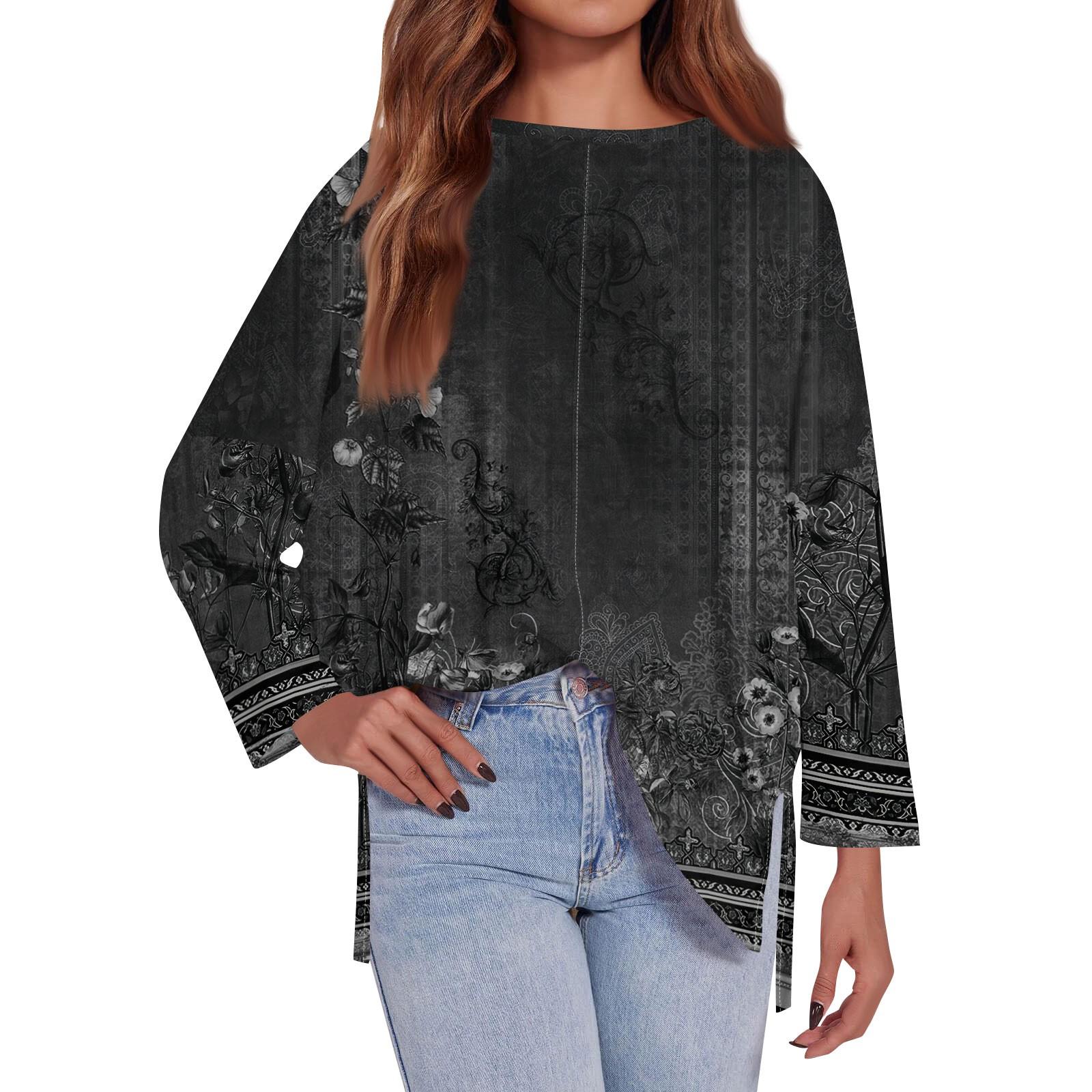 

Женская модная свободная футболка большого размера с круглым вырезом, длинным рукавом, разрезом сбоку, повседневным принтом в стиле ретро с цветочным принтом XXL чёрный