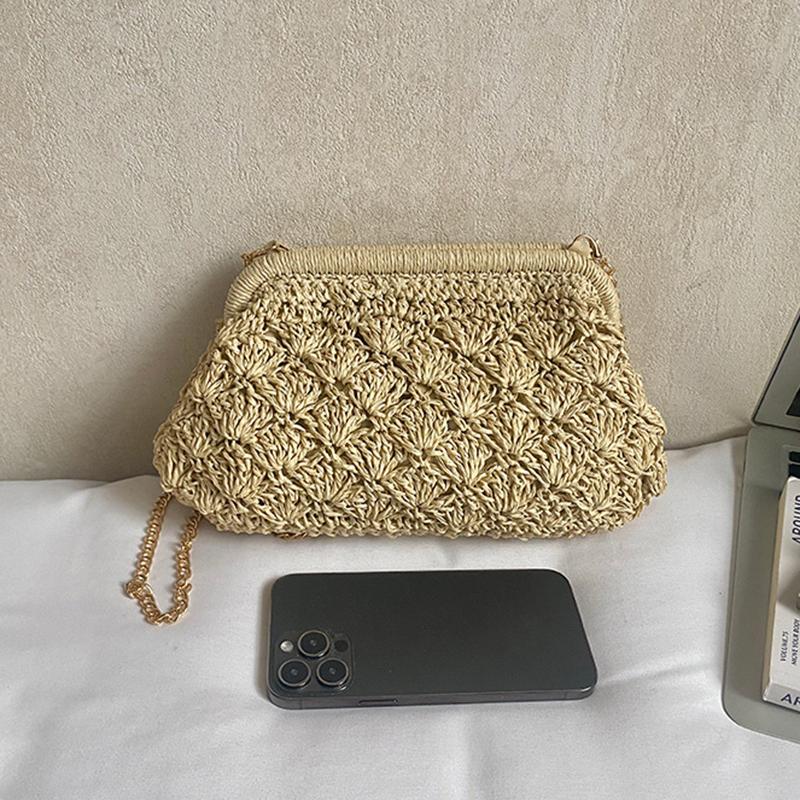 Yogodlns Women Straw Shoulder Bag Chain Strap Woven Crossbody Bags Large Capacity Cloud Clutch Purse Stylish Solid Color Beach Handbags
