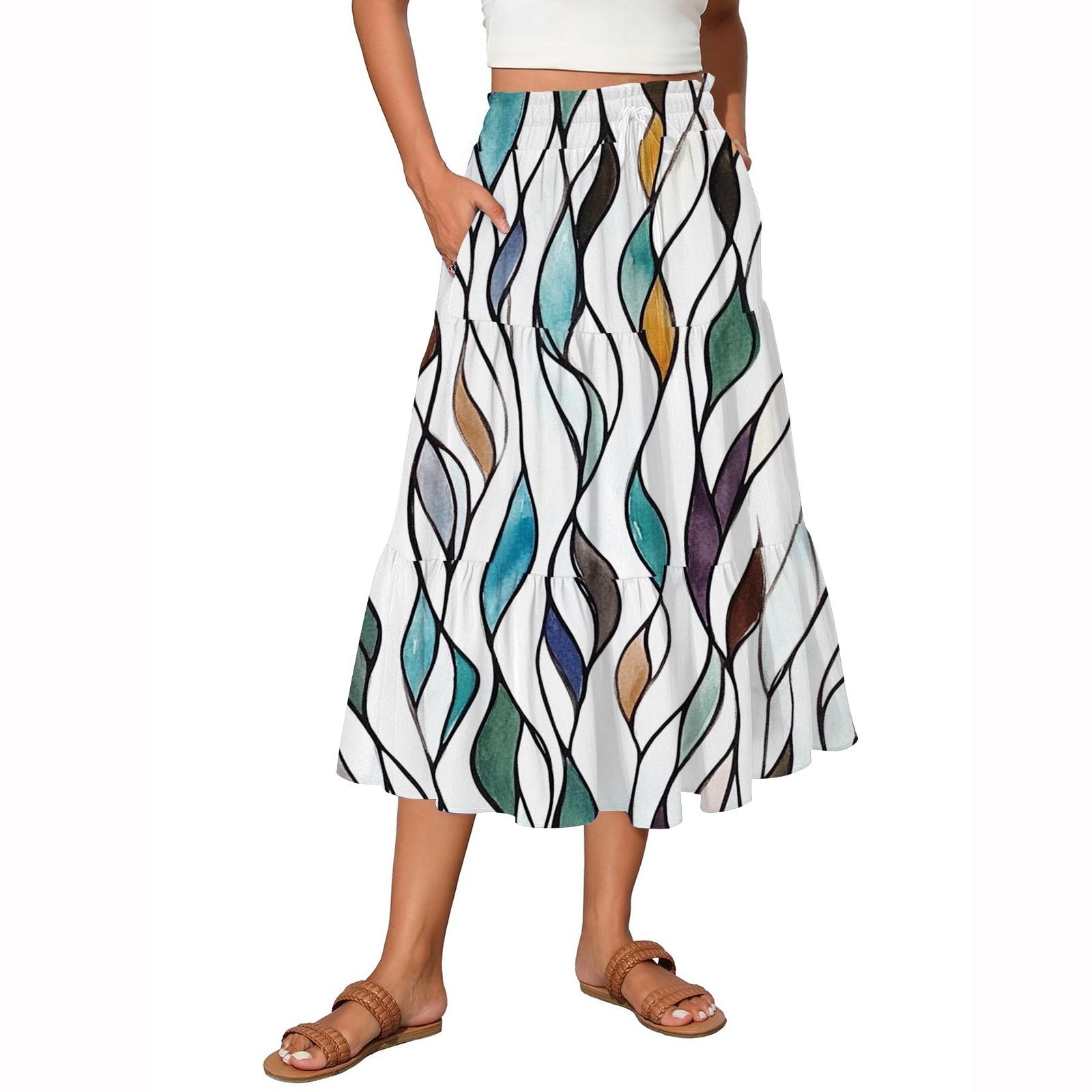 

Жіноча вінтажна довга спідниця-трапеція з розкльошеними воланами та градієнтним принтом XL