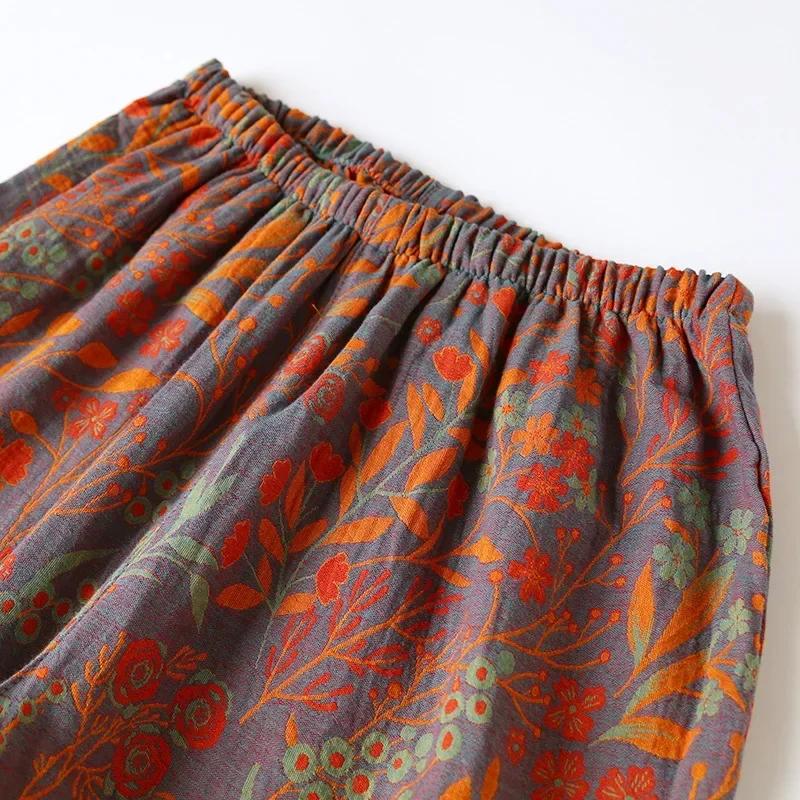 Retro Style Cotton Yarn-Dyed Leaf Printed Long-Sleeved Long Trousers Cardigan Women's Home Wear Two-Piece Pyjama Set