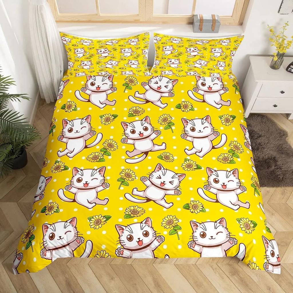 Carton Cat Soft Duvet Cover Set for Children Kids Girl Microfiber Kiten 2/3pcs Carton Animal Beding Set Single Twin Quen King Comfortable Quilt Cover
