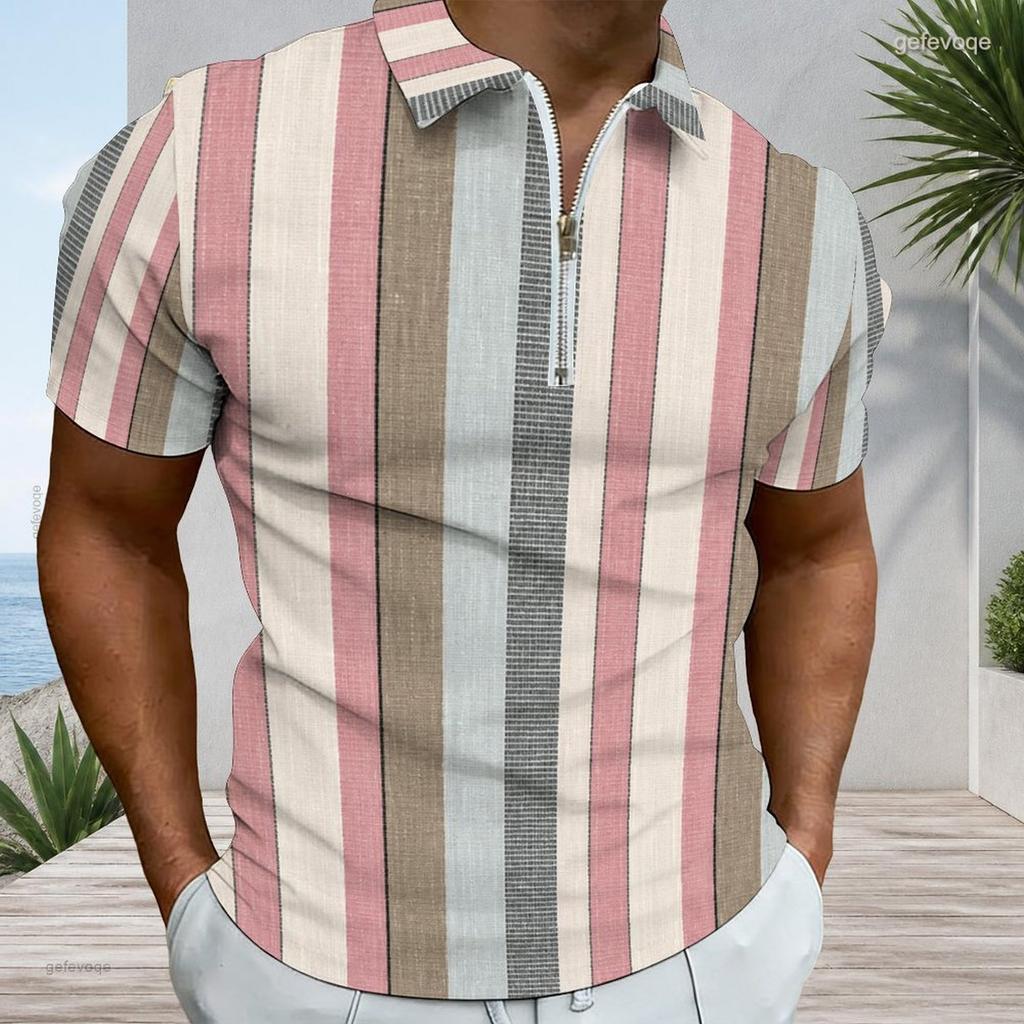 Men Plus Size Short Sleeve Quarter Zip Collared Polo Shirt White With Blue Floral Printed