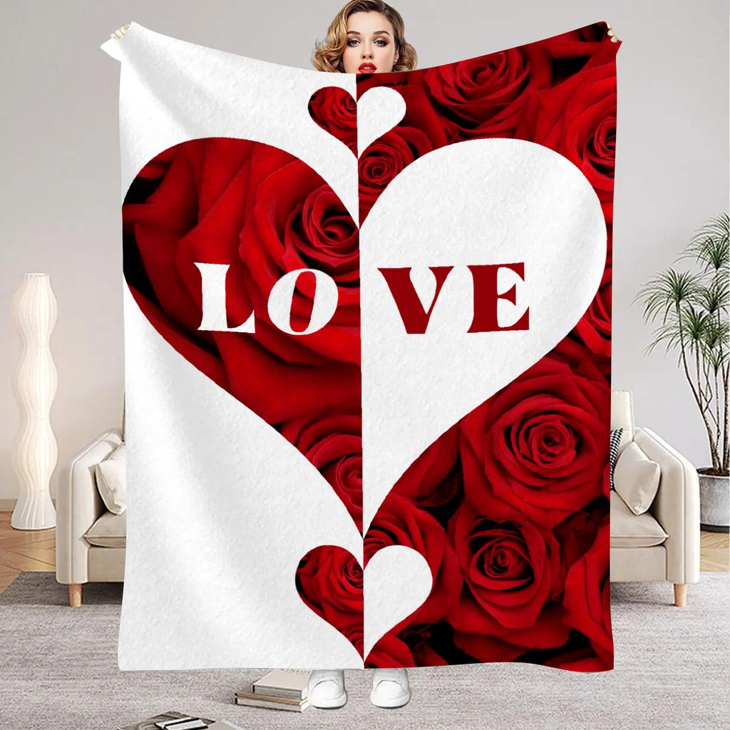 1Pc Digital Printed Rose Heartthemed Flannel Blanket Mattress Cover Blanket for Family BedsSofasOfficesOutdoor Camping