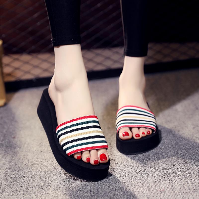 

Женские летние шлепанцы на высоком каблуке из пены: Нескользящие, Модные, Полосатые Корейские Пляжные Сандалии 35