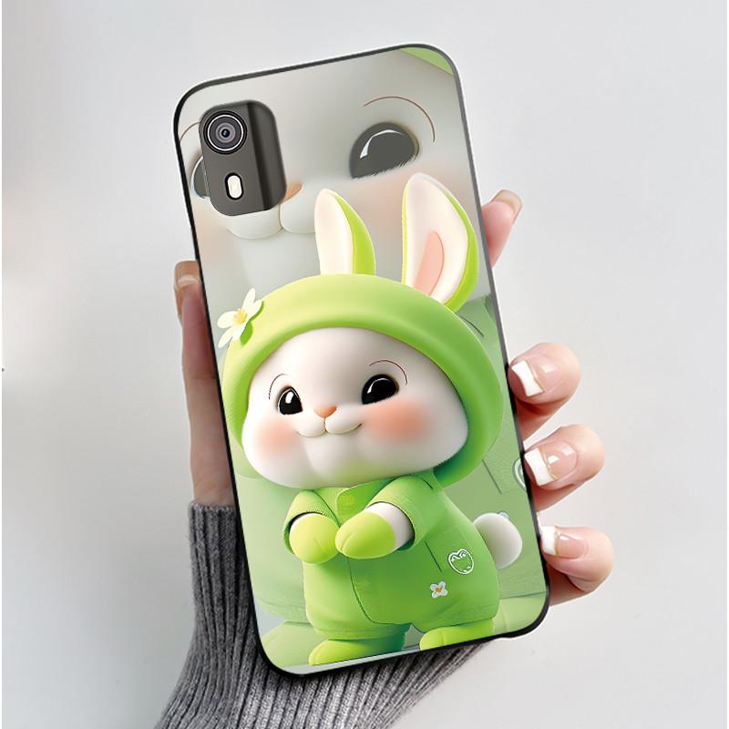 For Nokia C02 Phone Case Cute Funny Love Rabbit Animal Black Matte Soft TPU Protective Back Cover for Nokia C2 2nd Edition Case