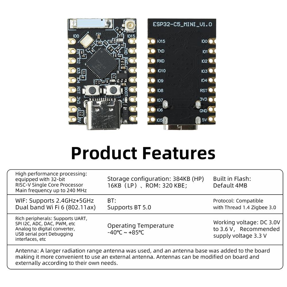 ESP32-C5-N4 Low Power Development Kit WiFi6 BT5 Type C External Antenna For Smart Home Industrial IoT Wearable Device