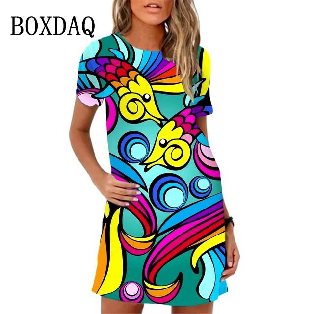 Elegante Abito Midi da Donna a Maniche Corte Moda Stampa 3D Taglie Forti Abbigliamento da Spiaggia