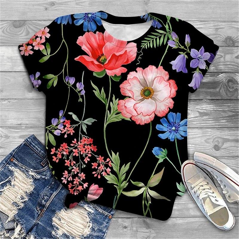 Summer New Women's Short Sleeve Top Pullover Fashion Y2K Casual Colorful Flowers 3D Print Flower Printed Crewneck T-Shirt
