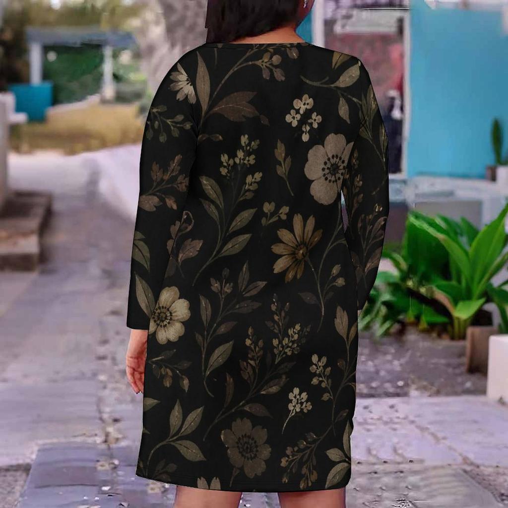Women Plus Size V Neck Long Sleeve Black Red Rose Floral Printed Fitted Dress