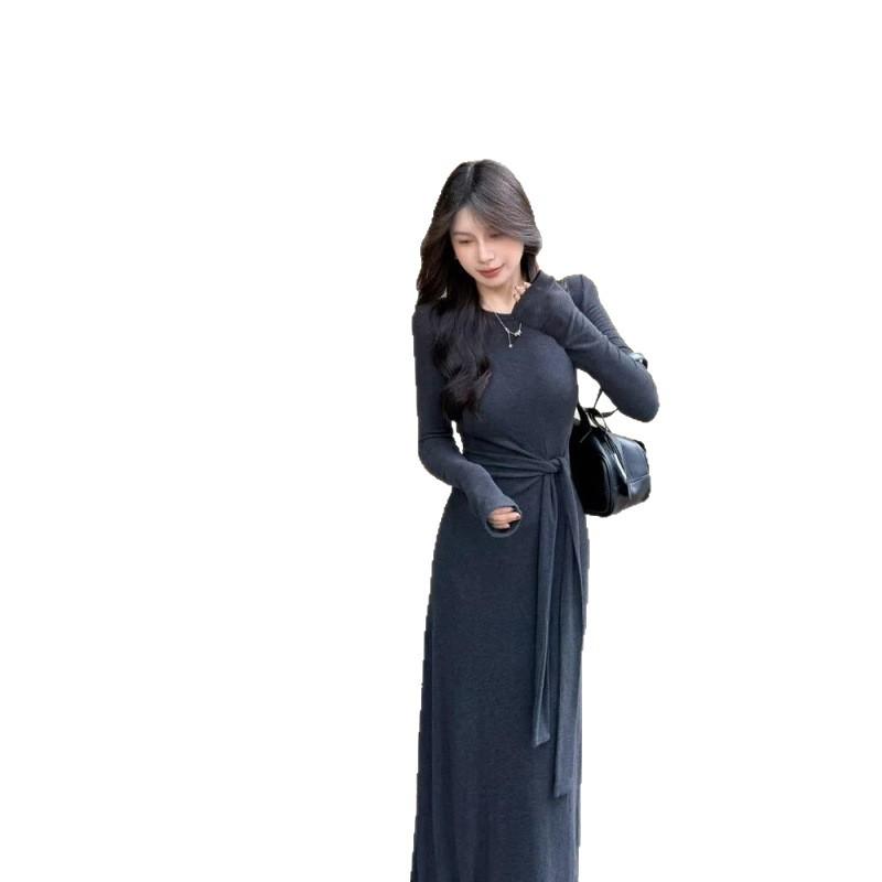 2026 Korean Fashion Slimming Long Sleeve Knitwear Dress - Spring Style Waist-Cinching Long Skirt for Women