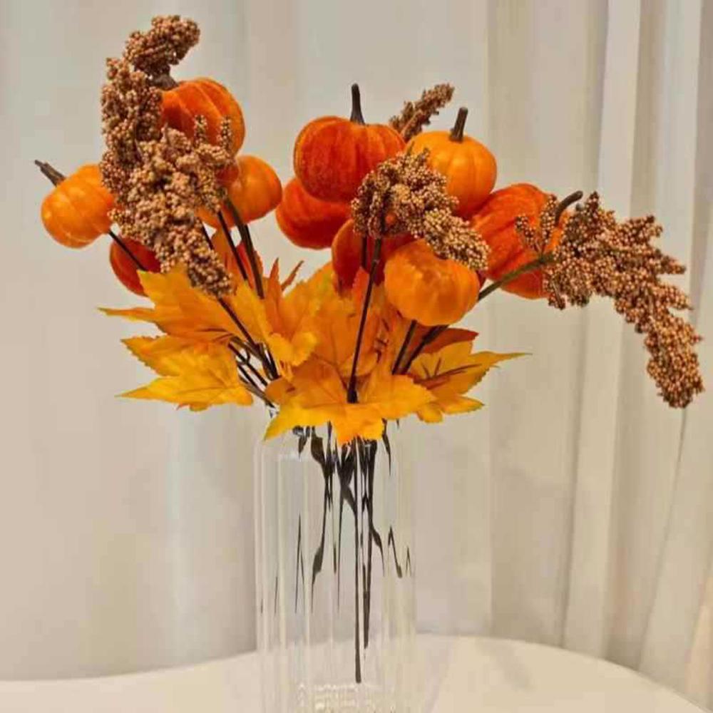 Halloween Floral Pick Silk Maple Leaf Decoration Velvet Pumpkin Branch Harvest Faux Pumpkin Bouquet For Holiday Celebration
