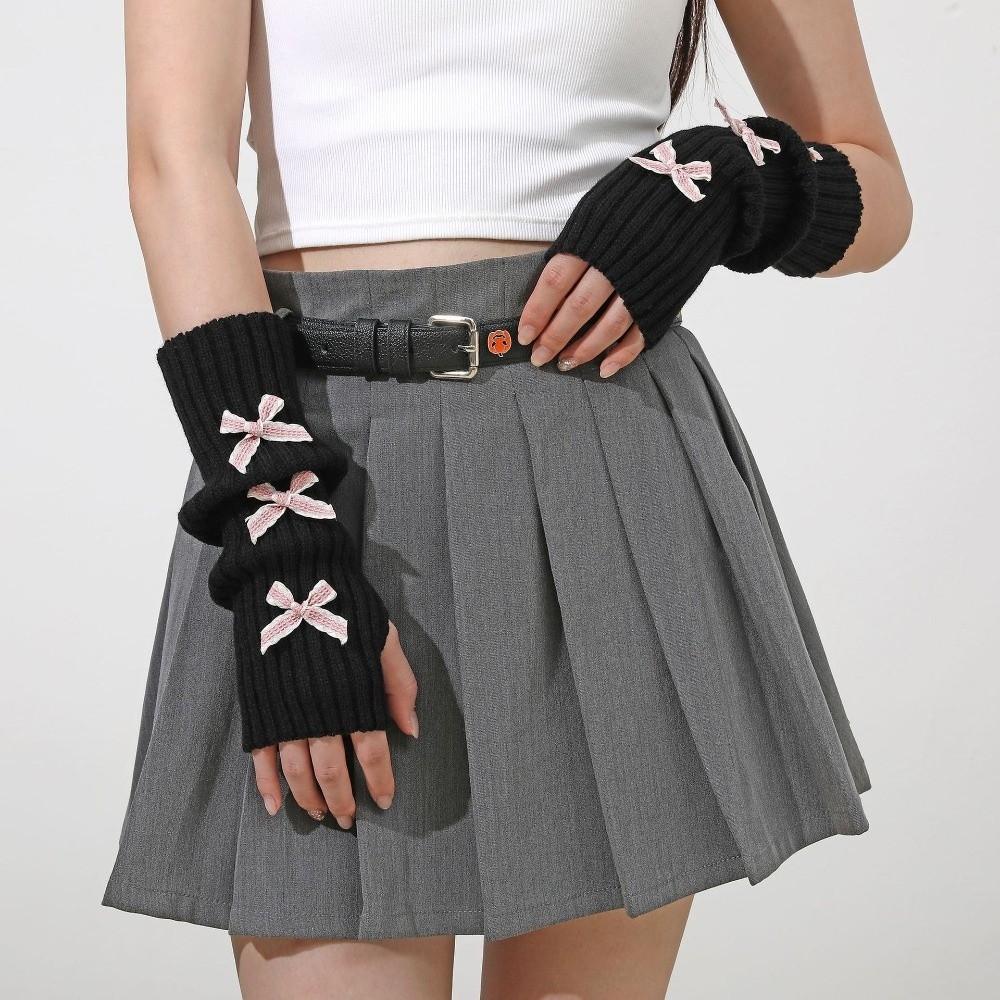 Thicken Bow Fingerless Gloves Cute Bowknot Hands Free Gloves Fashion Arm Sleeves  Winter