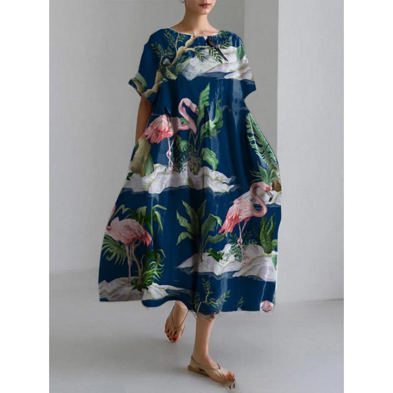 Damen Sommer Übergröße Gestreiftes Print Maxikleid, Lässiges Lockeres Rundhals Kurzarm Oversized A-Linien-Kleid